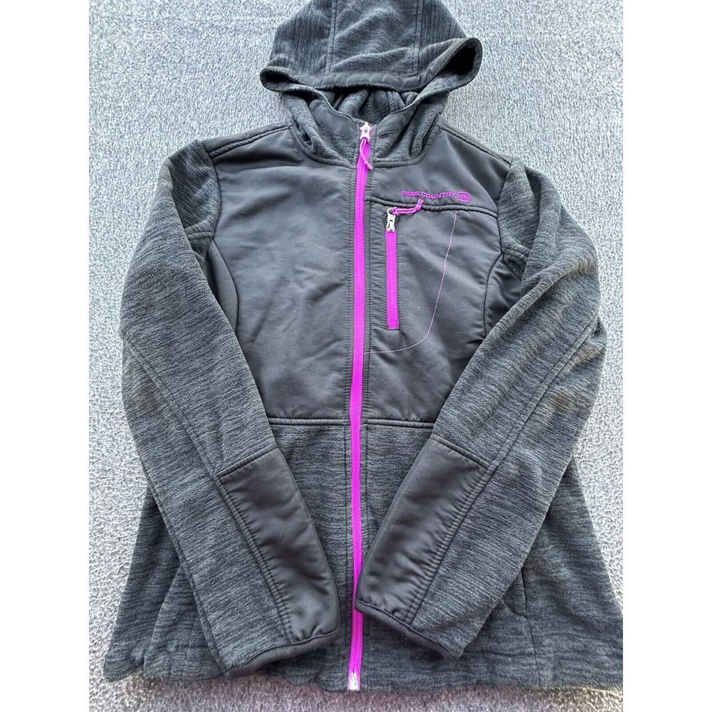 Free Country Jacket Womens Small Black Pink Zip Up Fleece‎ Coat Zip Pockets Hood